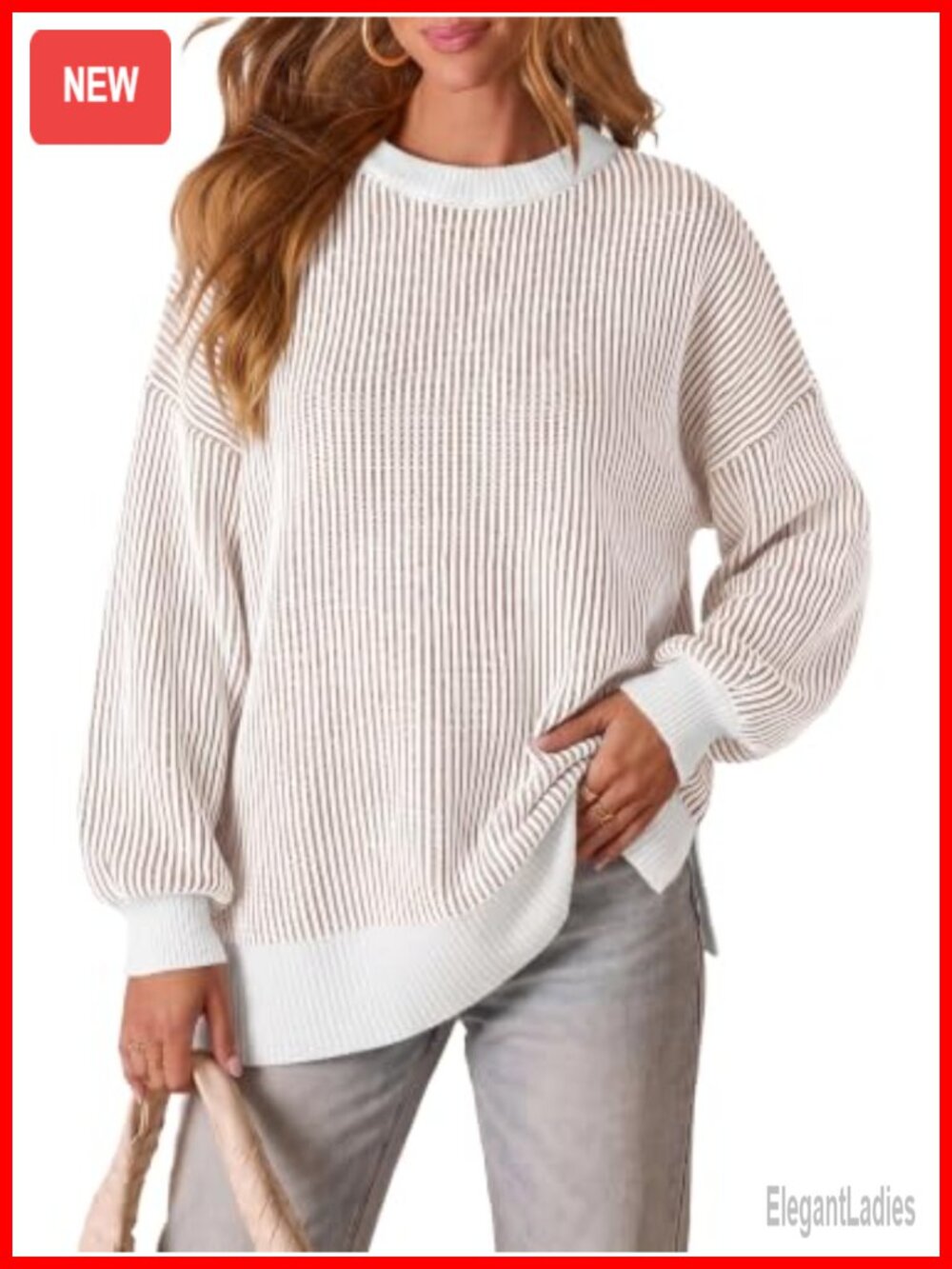 Oversized Striped Knit Sweater Crew Neck Batwing Sleeve Pullover Jumper Top